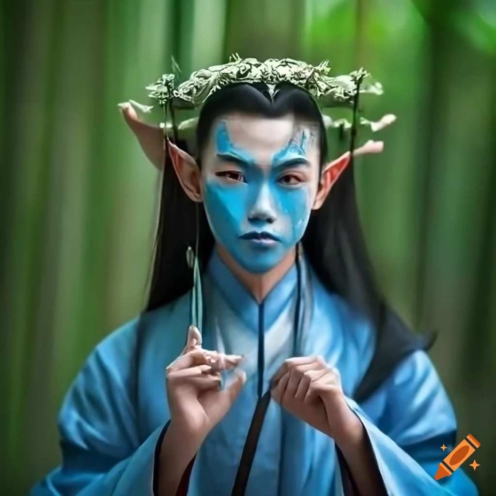 Portrait of a handsome Asian elf in a lush bamboo forest with blue face paint