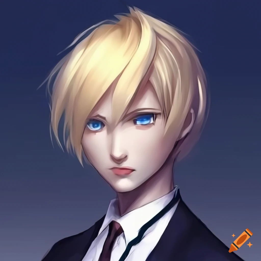 Anime character with androgynous appearance in a dark suit