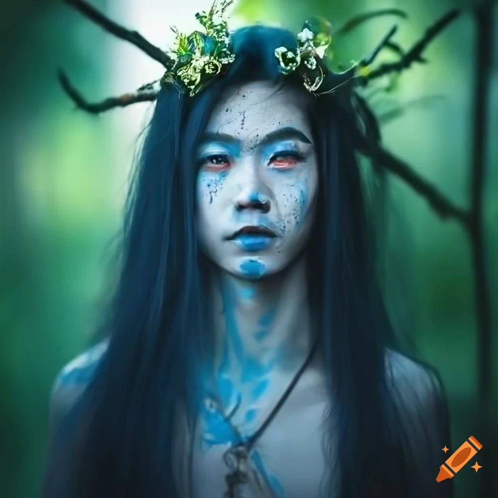 Ethereal asian elf with blue face paint in a lush forest setting on Craiyon