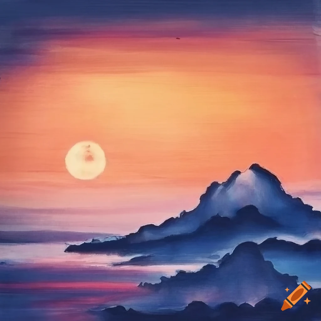 Contemplative sunrise in an oriental Chinese ink painting style