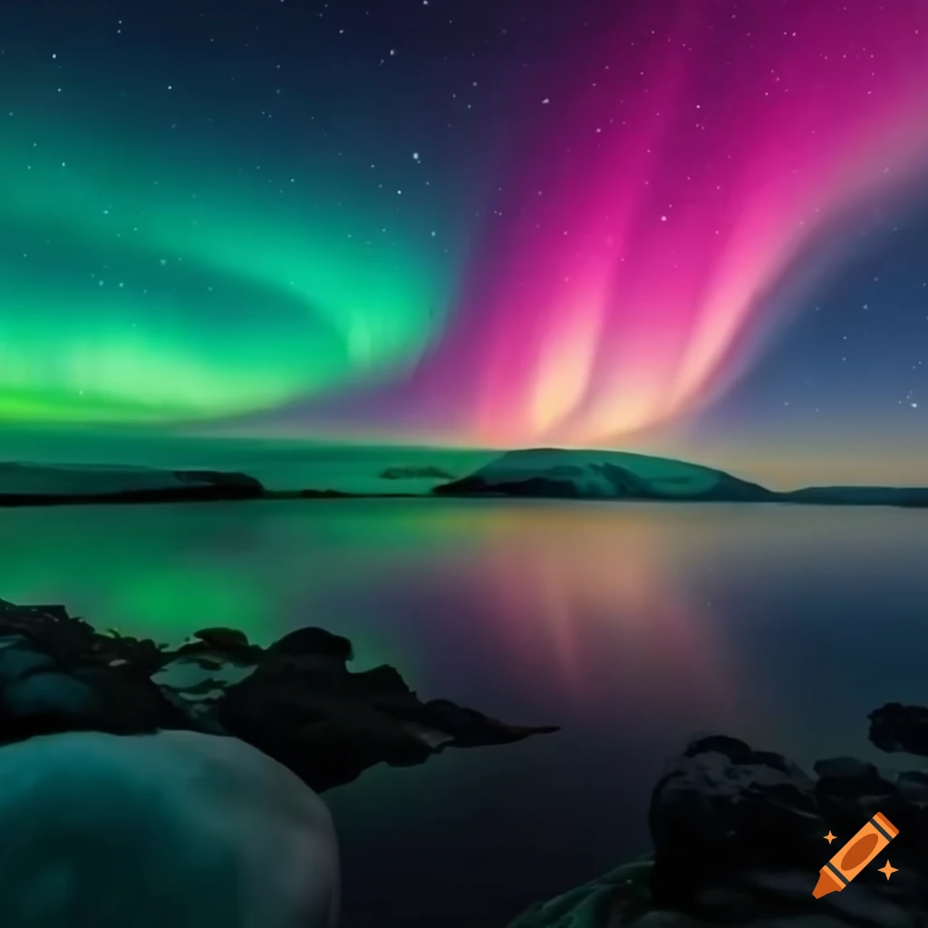 Aurora with pink, green, and blue colors over an island with a penguin