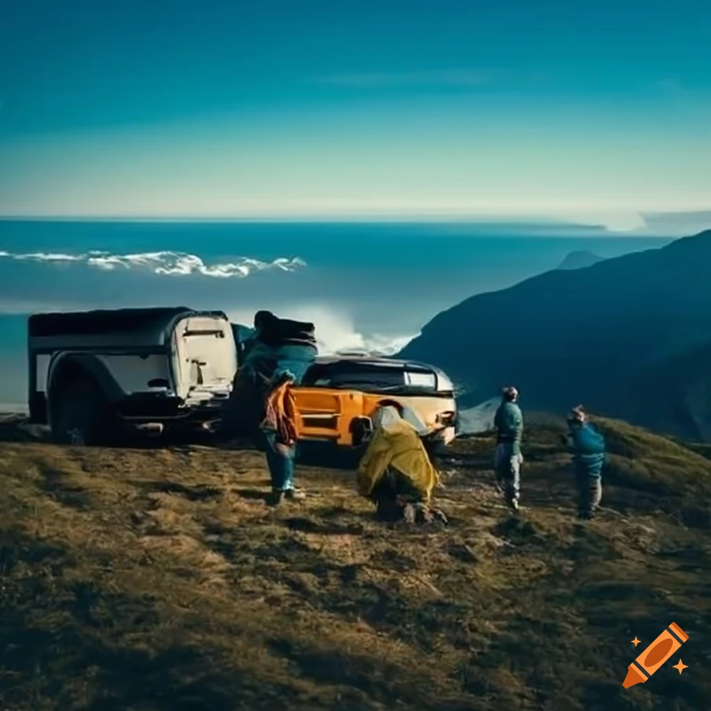 Group of campers in outdoor gear in front of the great north horizon
