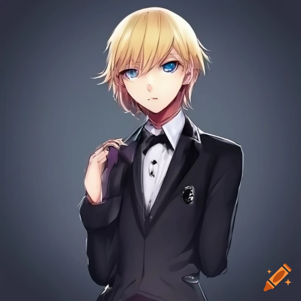 Anime character with androgynous features and blond hair in a dark suit