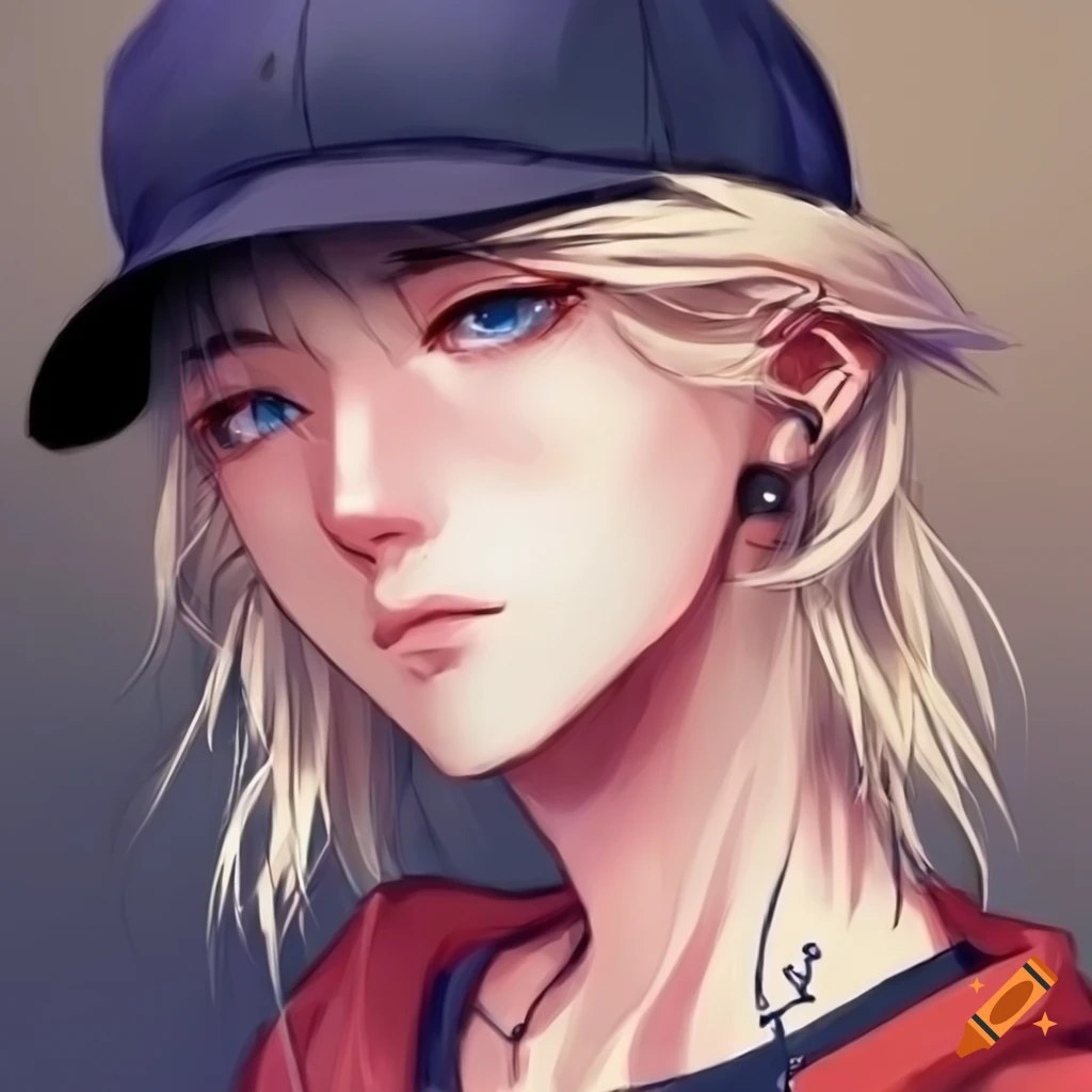 Anime androgynous tomboy with messy blonde hair and piercing blue eyes