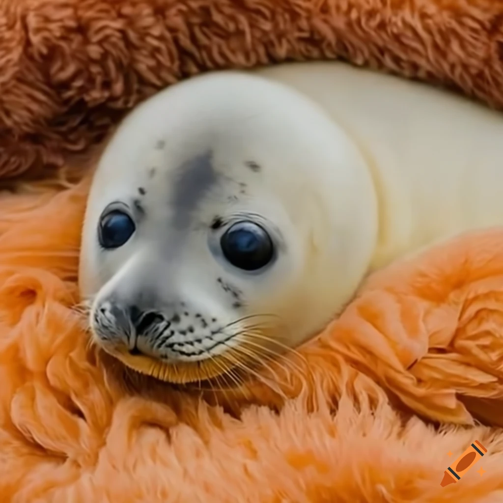 Adorable baby seal snuggling in a fluffy bed