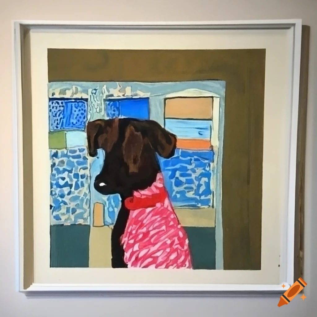 Seaside square inspired by Georges Braque and David Hockney featuring dogs