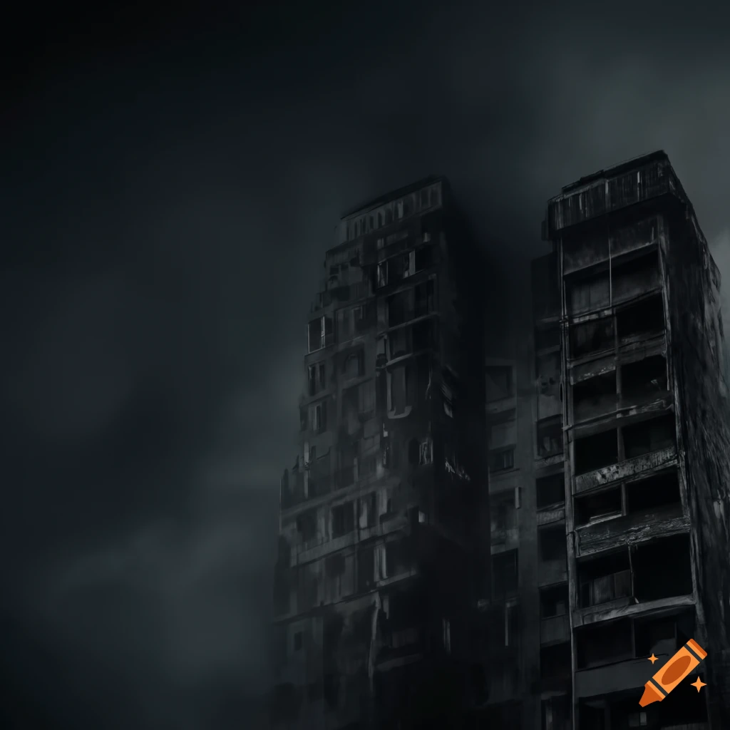 Mysterious abandoned apartment complex with black walls under overcast weather