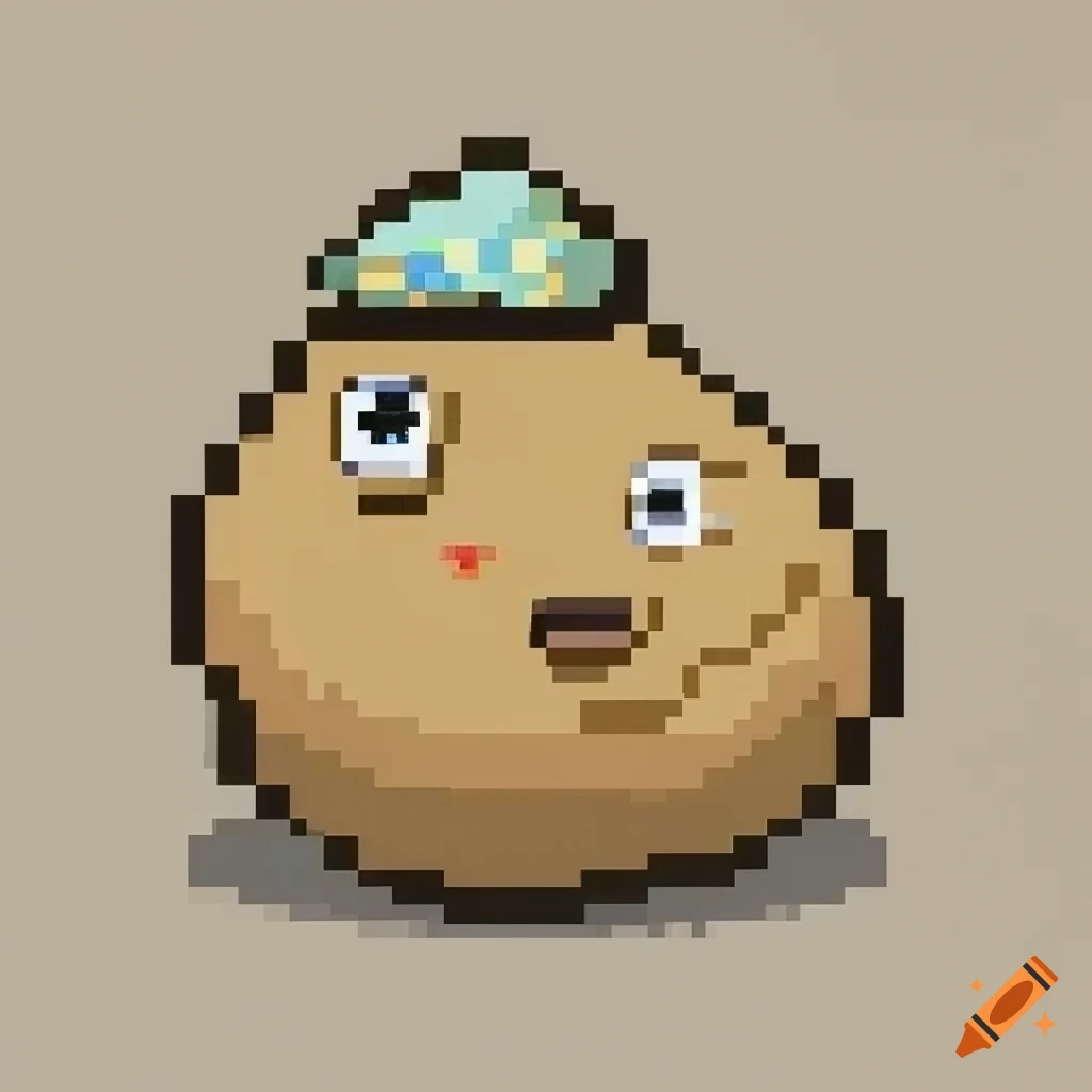 Shy worker potato with small limbs and a flower on head in pixel art style