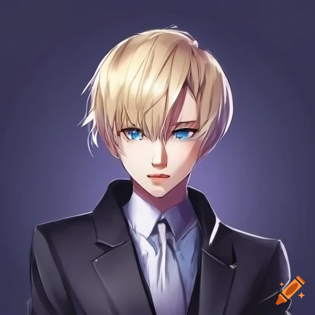 Anime androgynous character in a dark formal suit with striking features