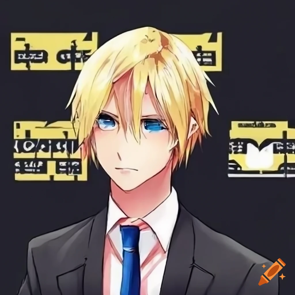 Anime character with androgynous features, slim build, blonde hair, and blue eyes in a formal suit