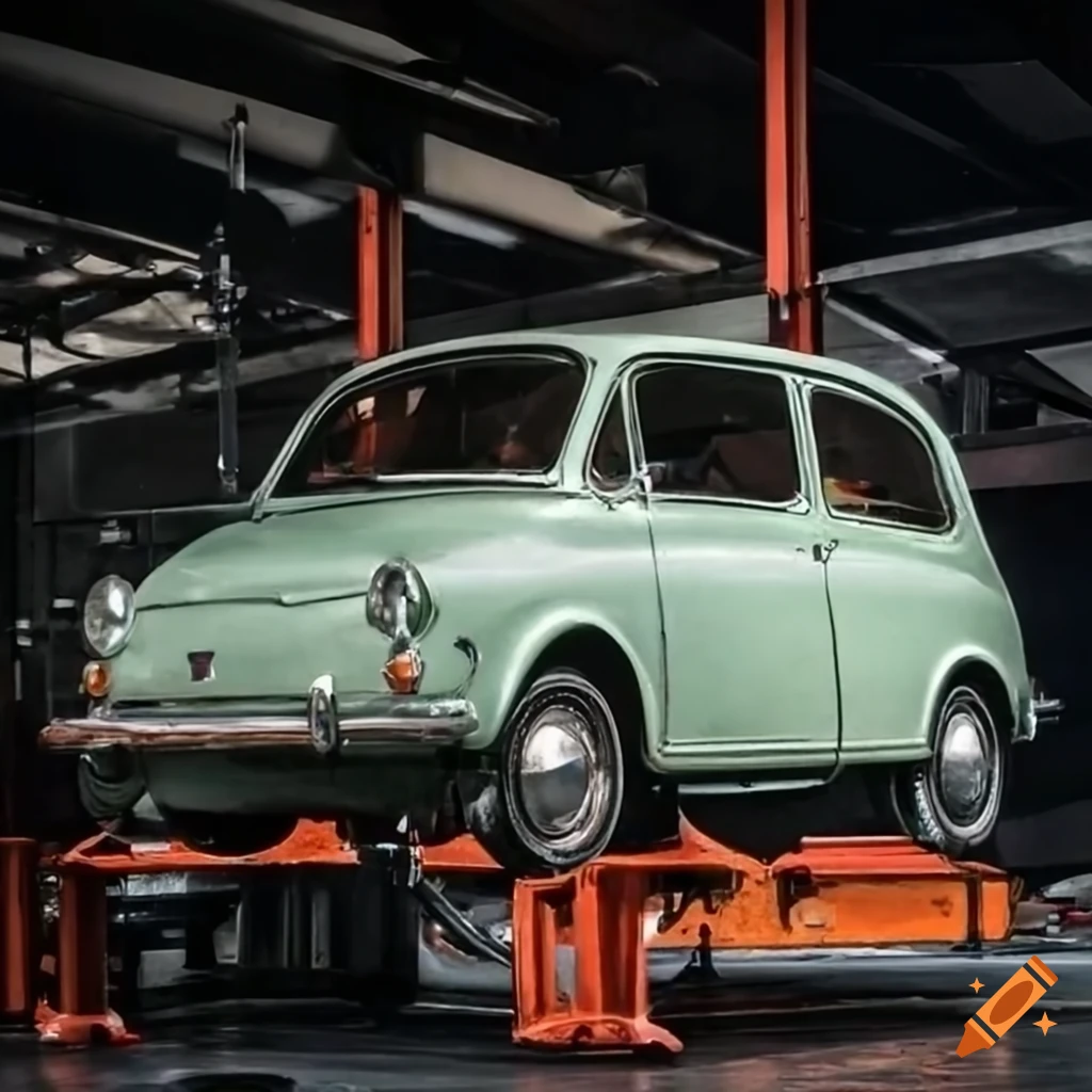 Vintage Fiat giardinera car lifted on a car lift in a repair shop
