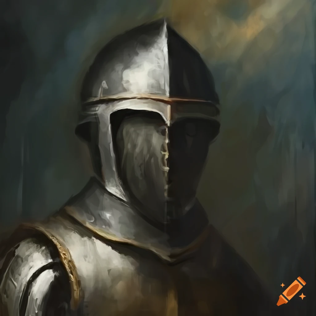 Introspective knight in black armor in the rain under a stormy sky