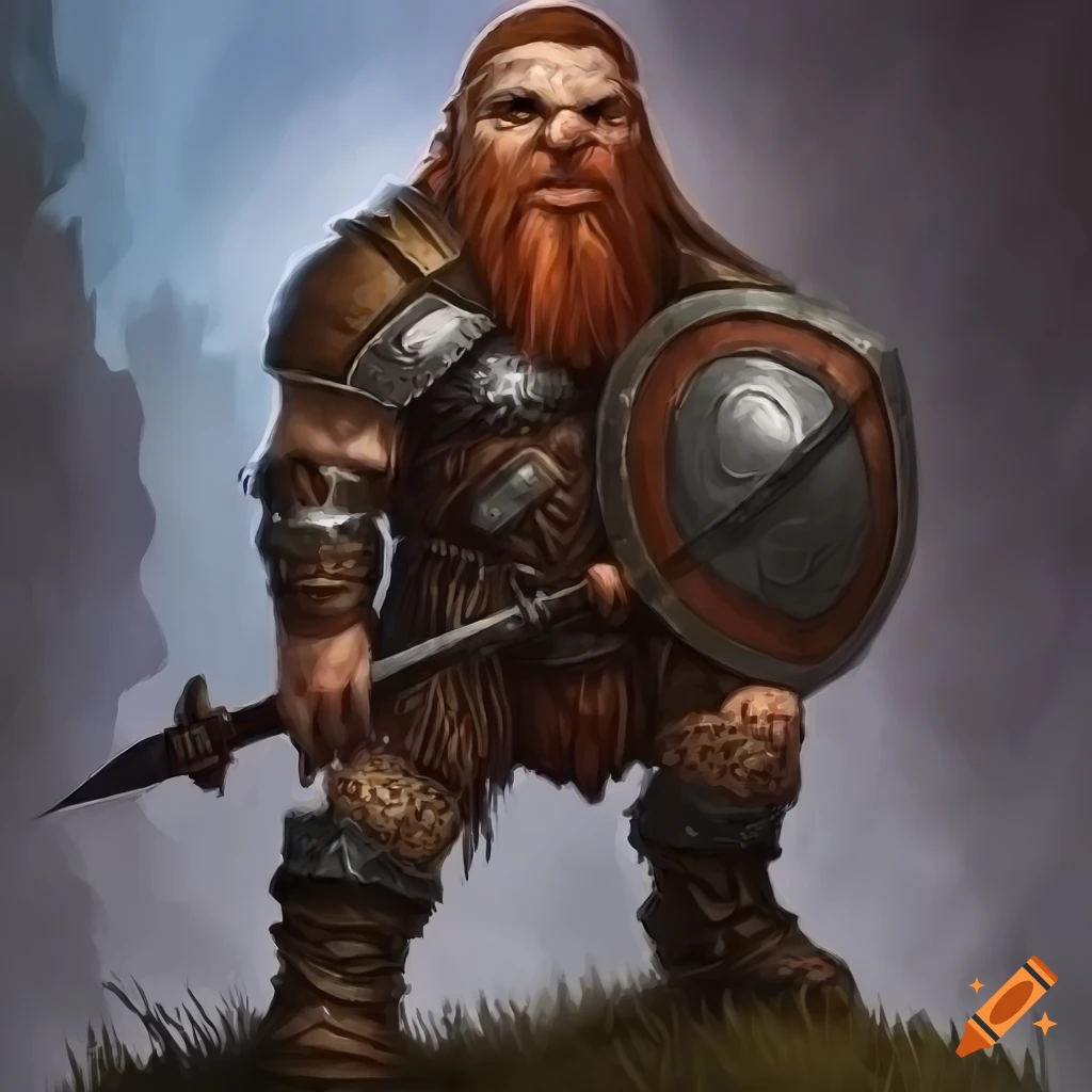 Dungeons and dragons style dwarf warrior standing in fantasy art