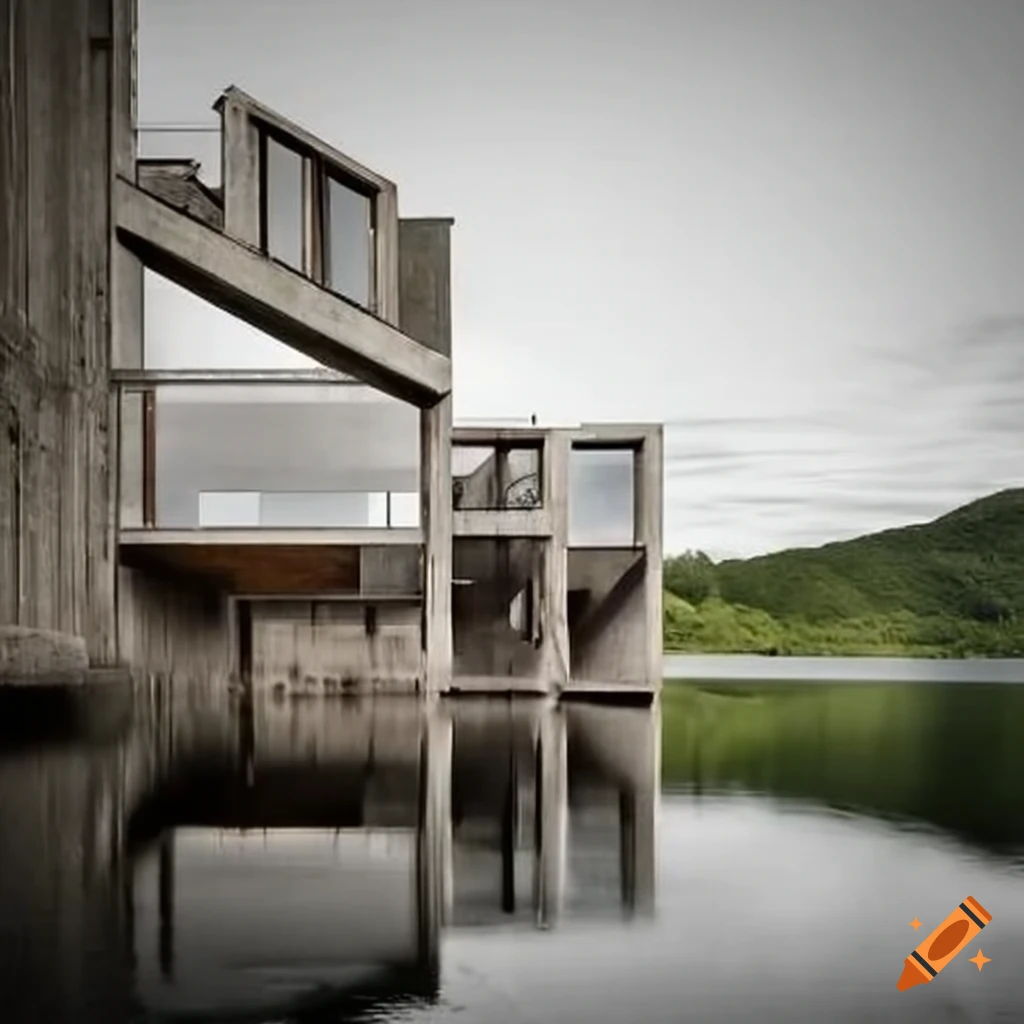 Brutalist ocean house with a big waterfront yard