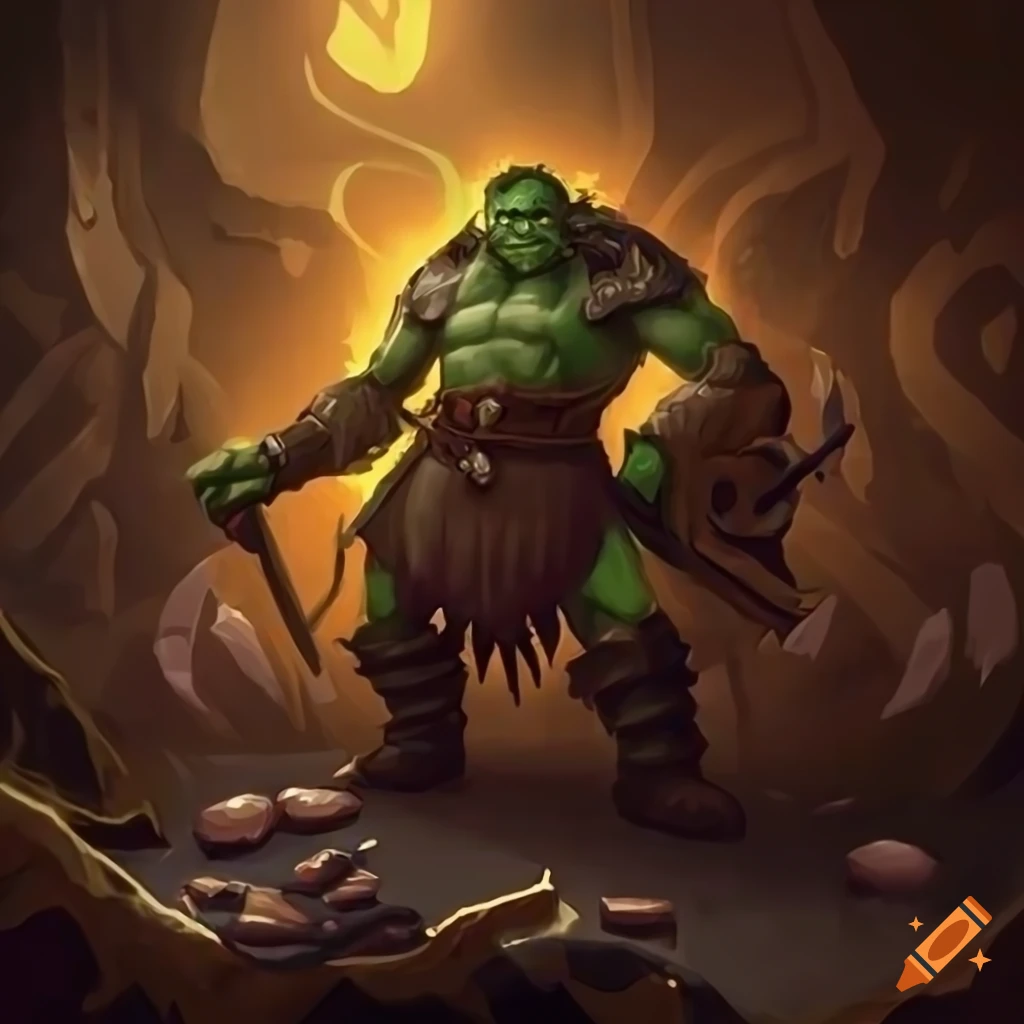 Excited orc smashing a treasure chest in fantasy art style