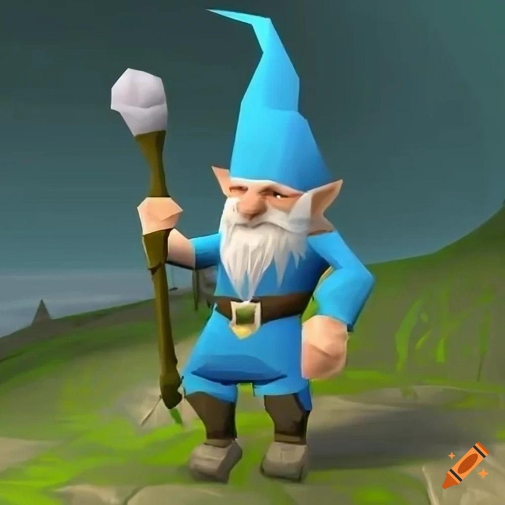 Gnome in blue wizard robes holding an ancient staff with castle in background