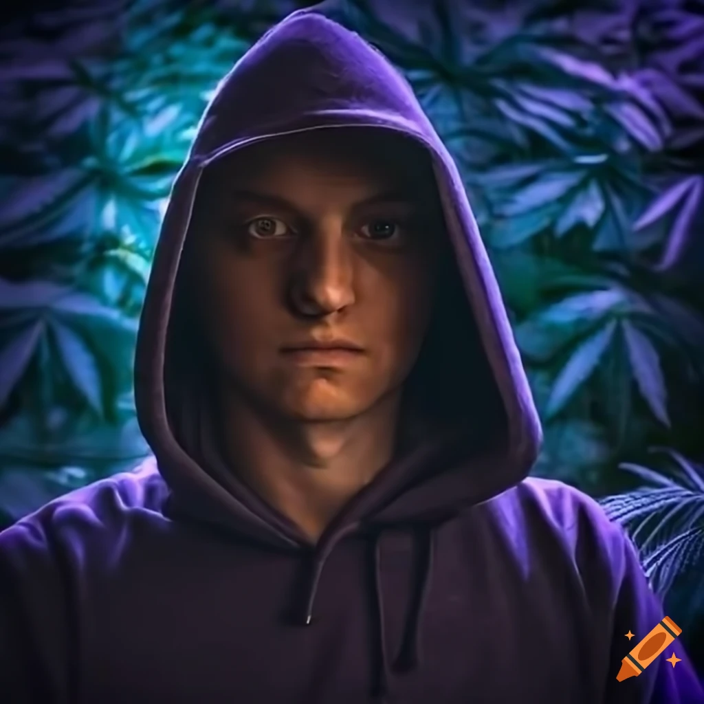 Software coder in a hoodie with a marijuana background