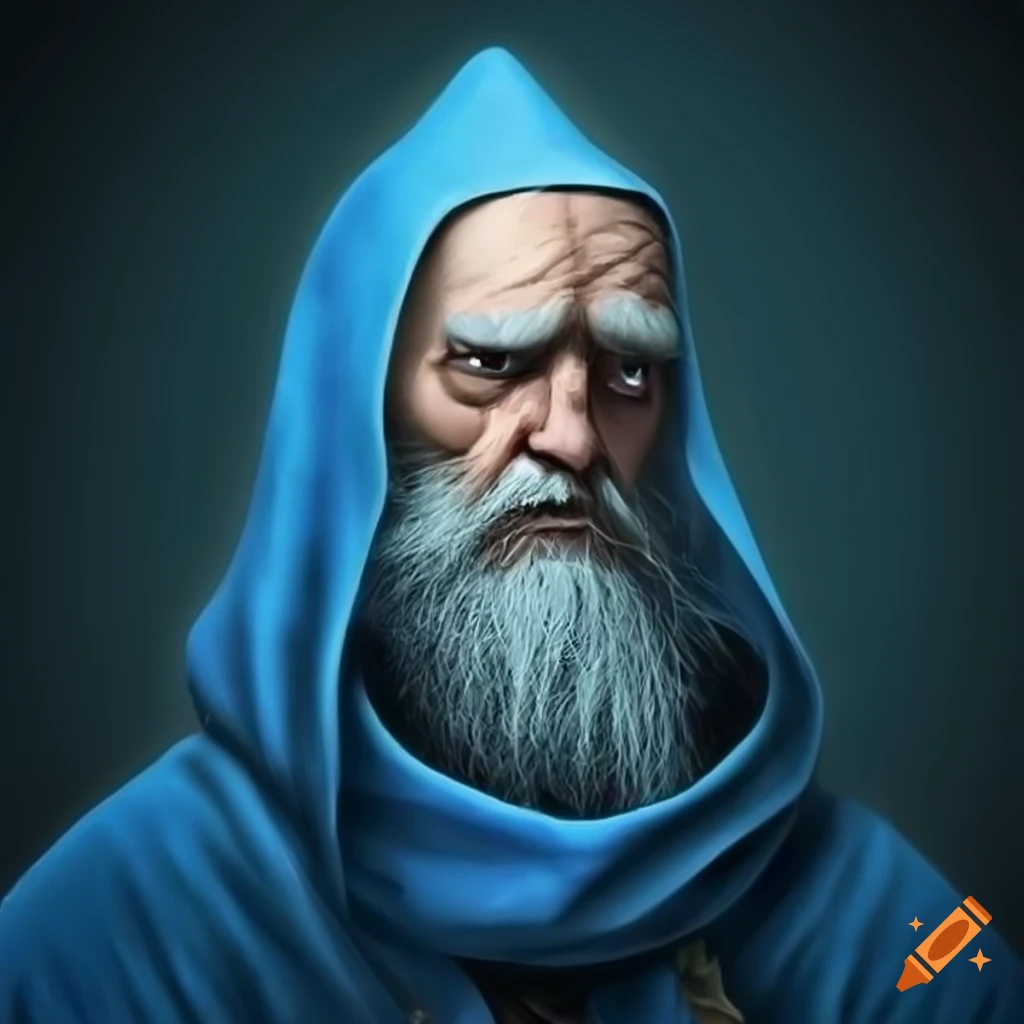 Sad wizard in blue robes and grey beard