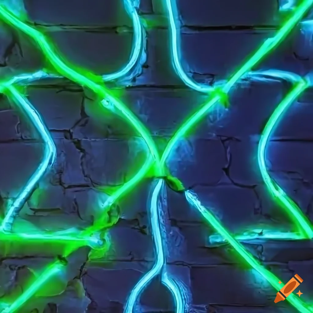 Blue and green neon lights forming an A shape on a dark brick background with scattered fog