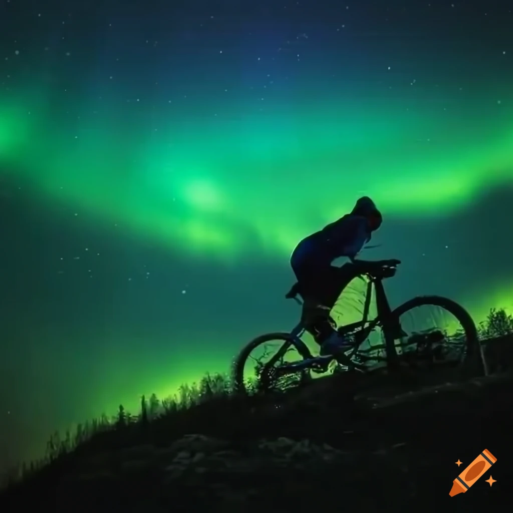 Person riding downhill mountain bike in a forest with the Northern Lights logo