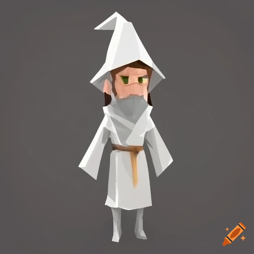 Male wizard in white robe and hat in low poly style