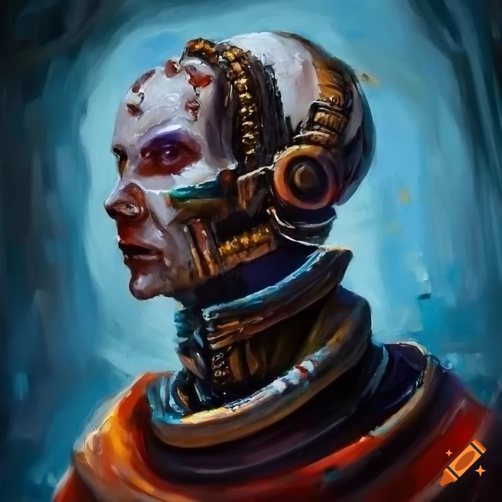 Cyborg priest painted in thick oil paint with big brush strokes