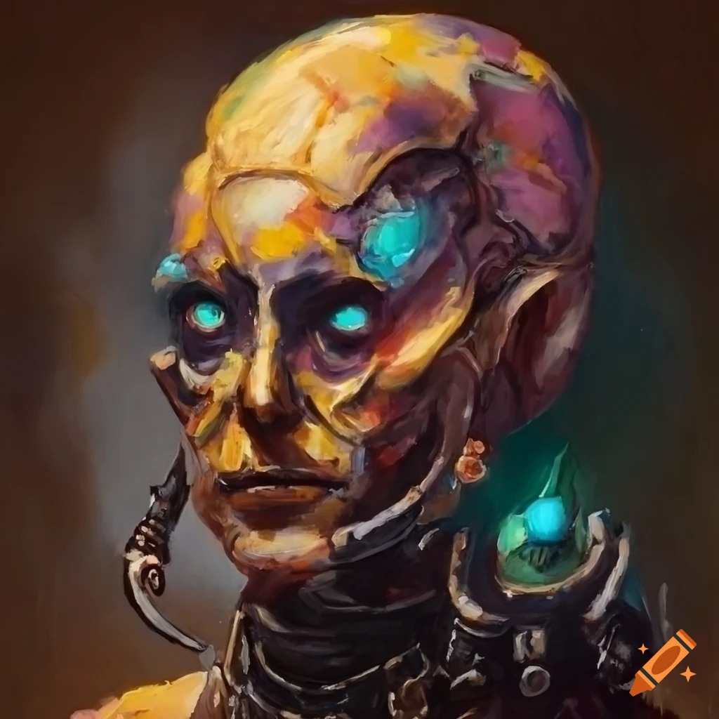 Cyborg priest painted in thick oil paint with big brush strokes