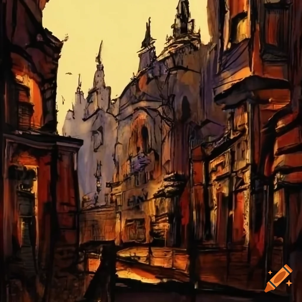 Decaying ancient city with evening lights
