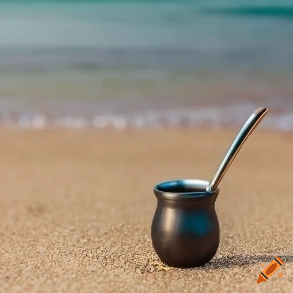 Black stainless steel yerba mate cup on sand with beach background