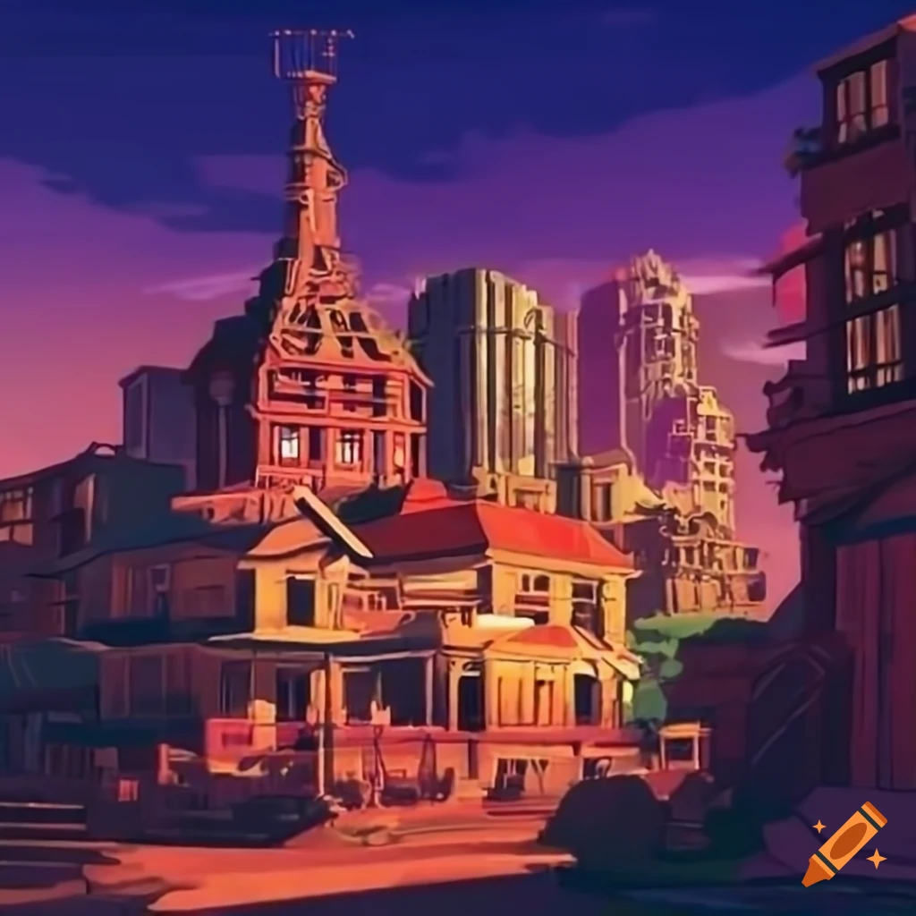Aerial view of a port city with rural areas, bushland, and a temple in a 70s anime style