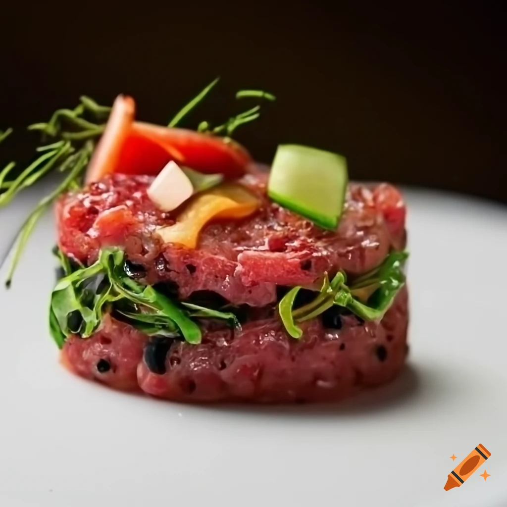 Rectangular black plate with fig tartare and shrimp