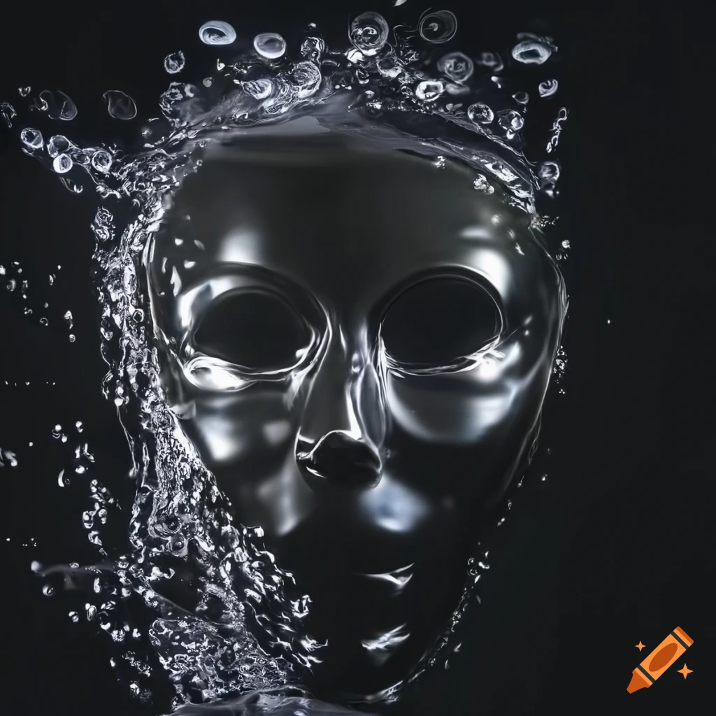 Shiny mask submerged in dark water with chiaroscuro lighting