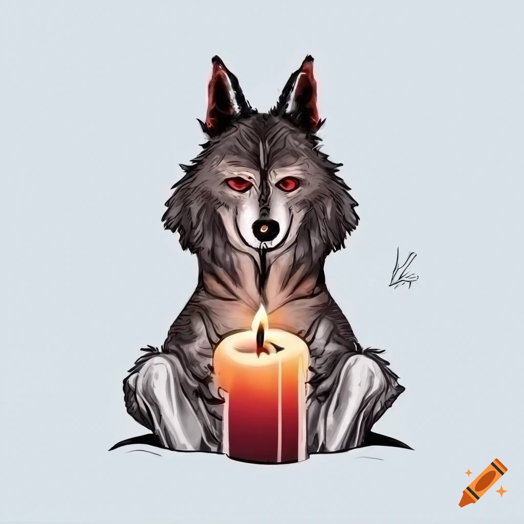 Relaxed wolf with amulets laying next to a burning candle in line art