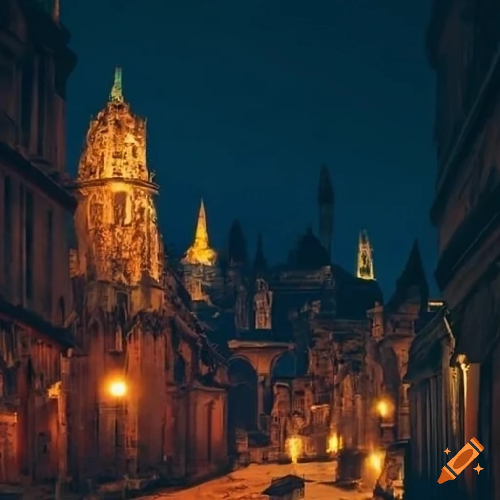 Decaying ancient city with evening lights