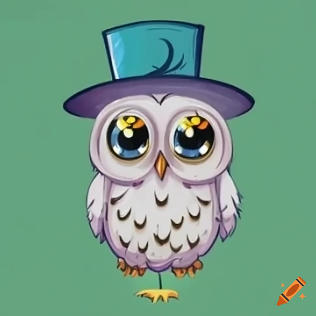Adorable animated white owl with big eyes and a top hat
