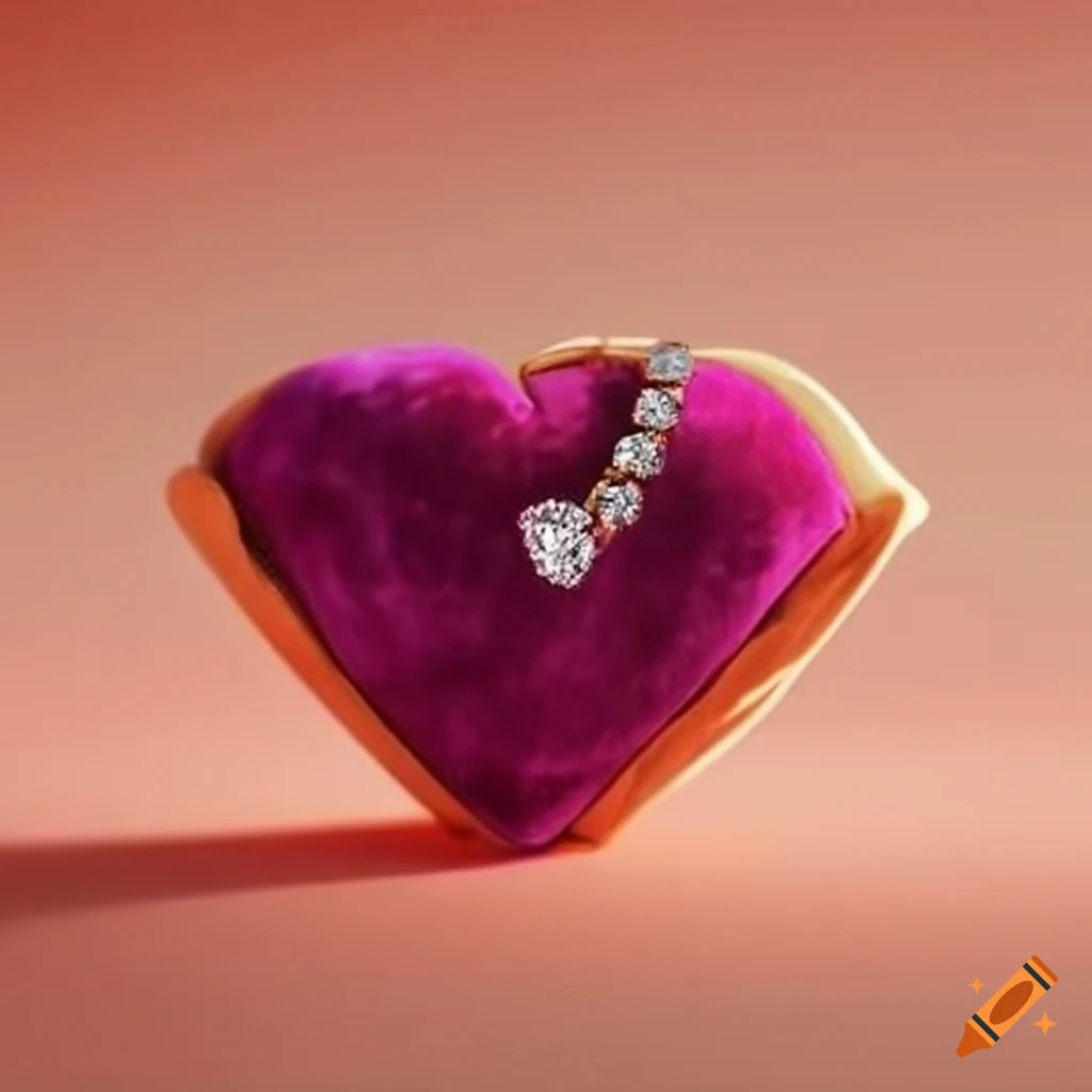 Heart-shaped diamond ring on a velvet cushion