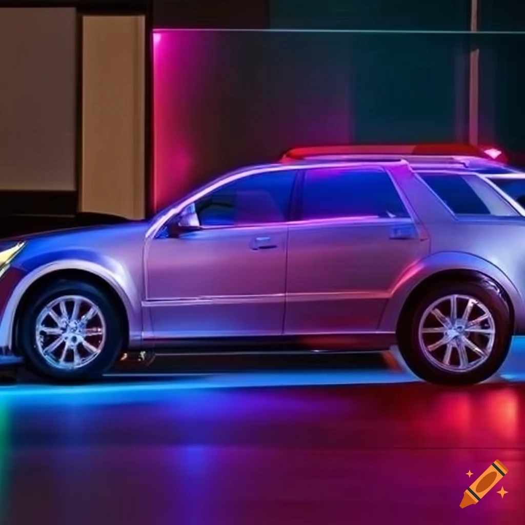 2005 Silver Cadillac SRX shining under neon lights in a showroom