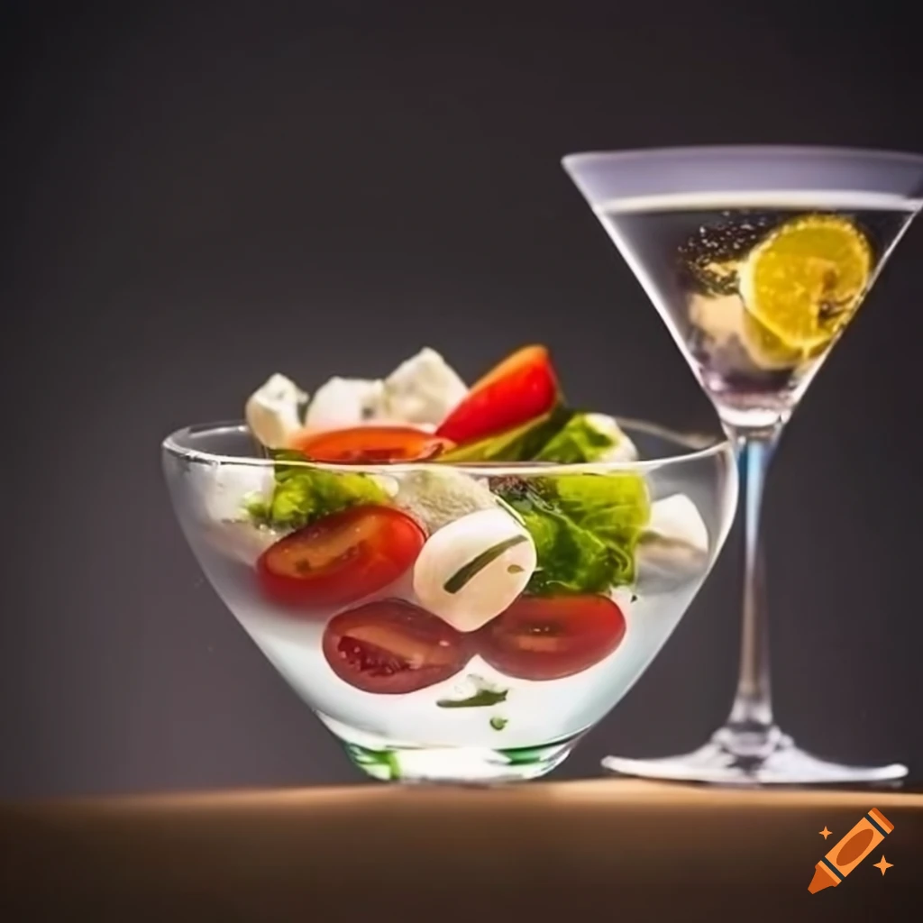 Caprese Salad dish next to a glass of Martini