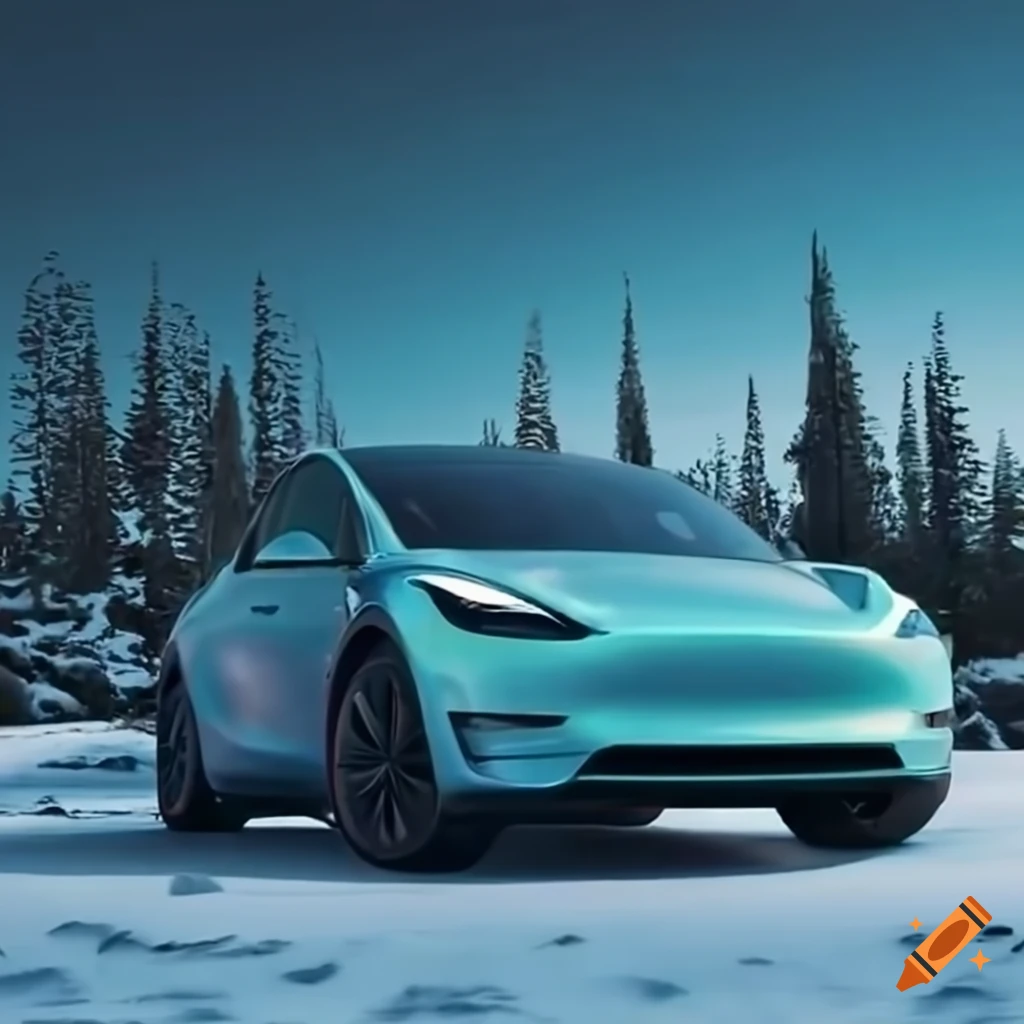 Tesla Model Y in a wintry island setting