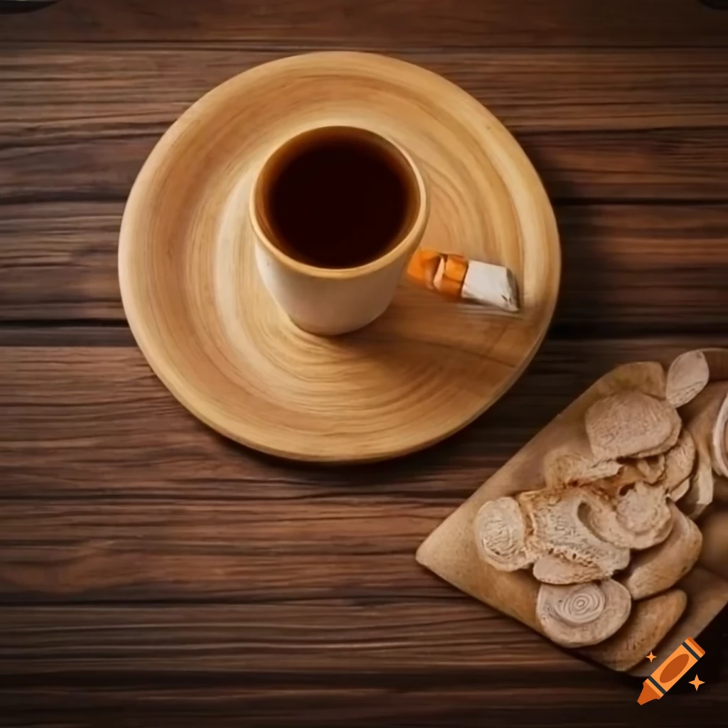 Café e coxinha em uma mesa de madeira bem iluminada