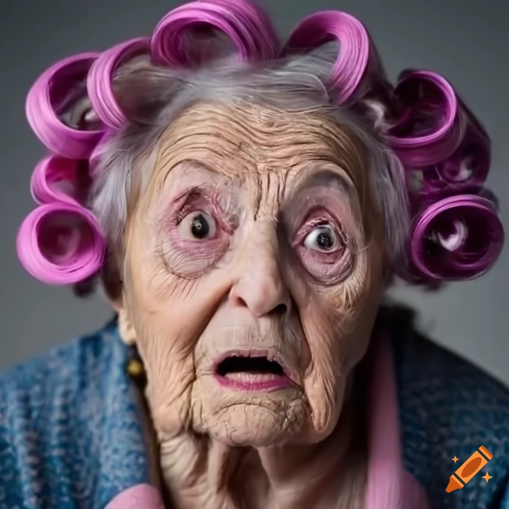 Old woman with hair curlers looking scared