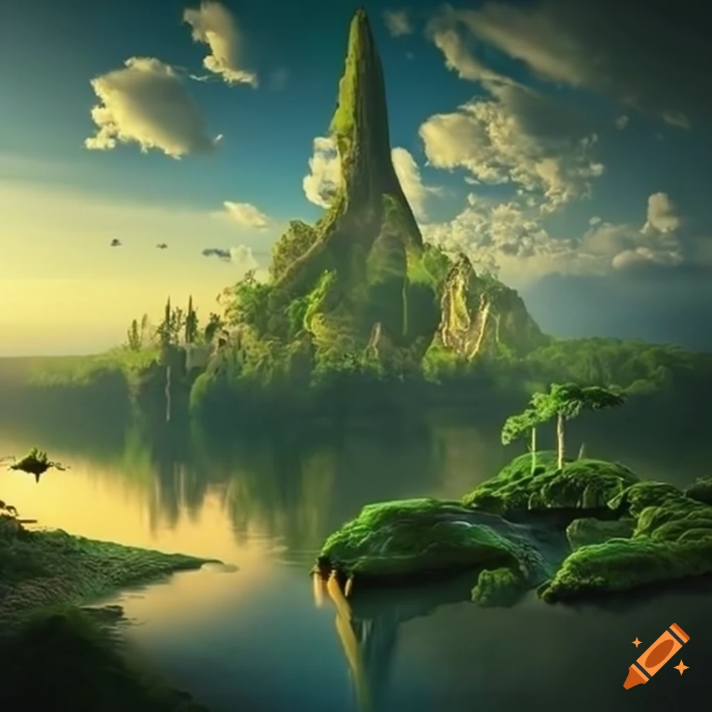 Stunning fantasy island with lush greenery surrounded by clouds