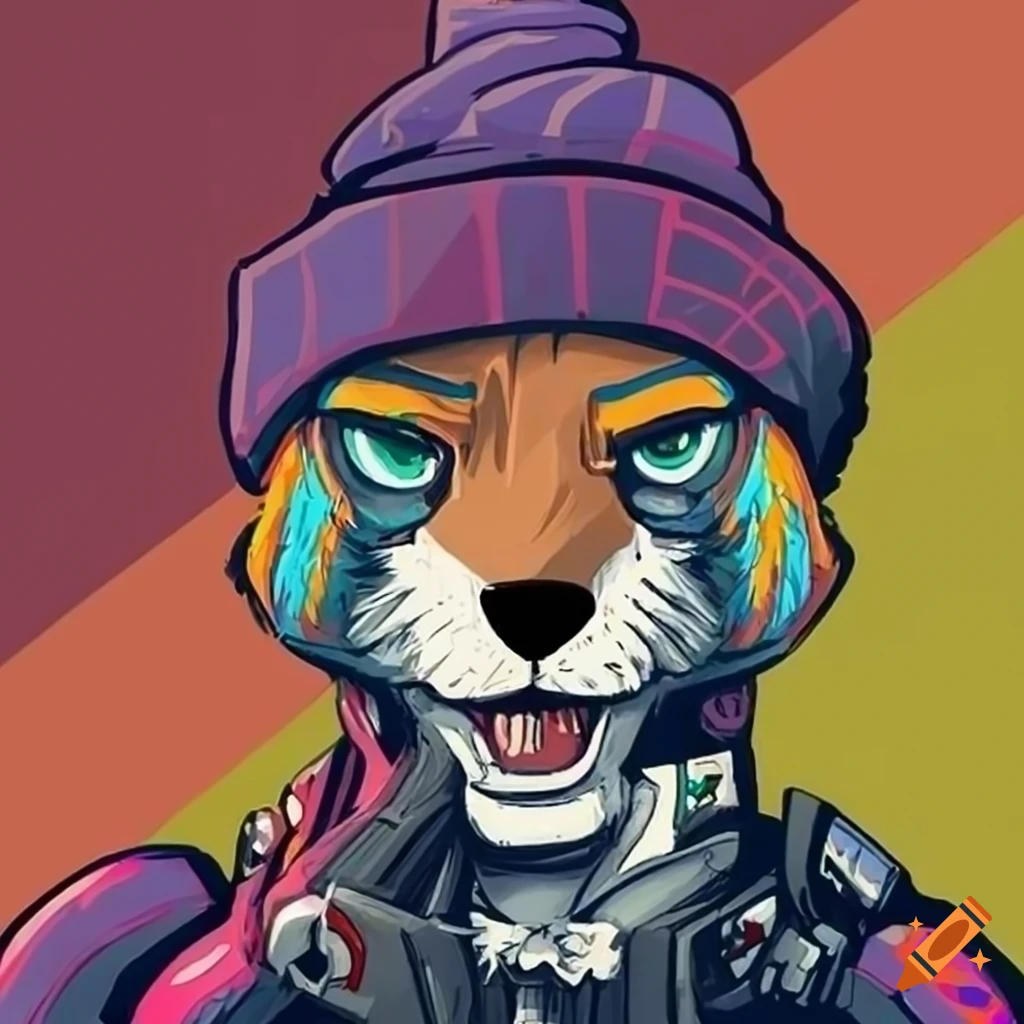 Anthro fox-cyborg with a beanie hat in a pop art style