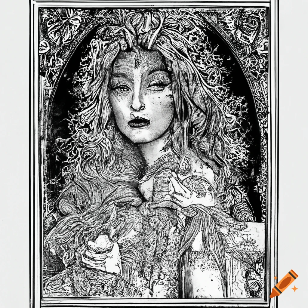 Vintage tarot illustration of a witch in black and white
