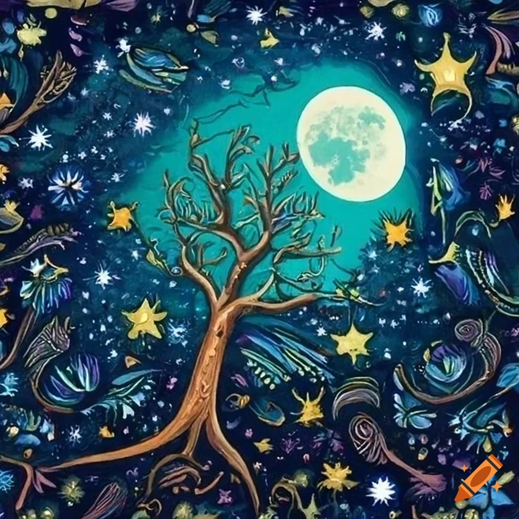 Forest with moon and stars in folk art style