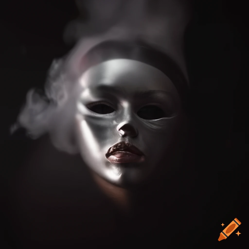 Shiny mask emitting smoke from the eyes in chiaroscuro lighting