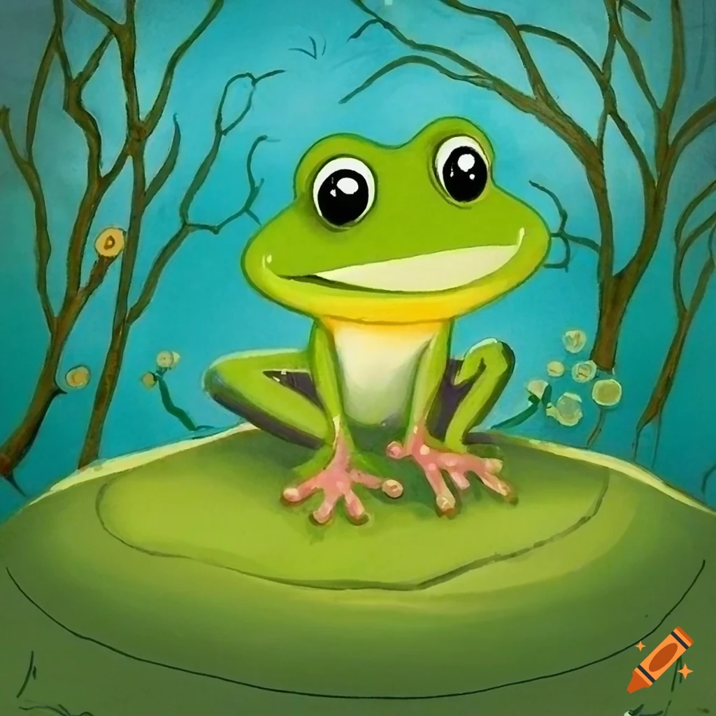 Green frog in a whimsical frog land in a children's book style