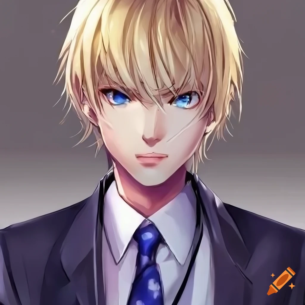 Anime character with blue eyes and short blonde hair in a suit, exuding a serious gaze