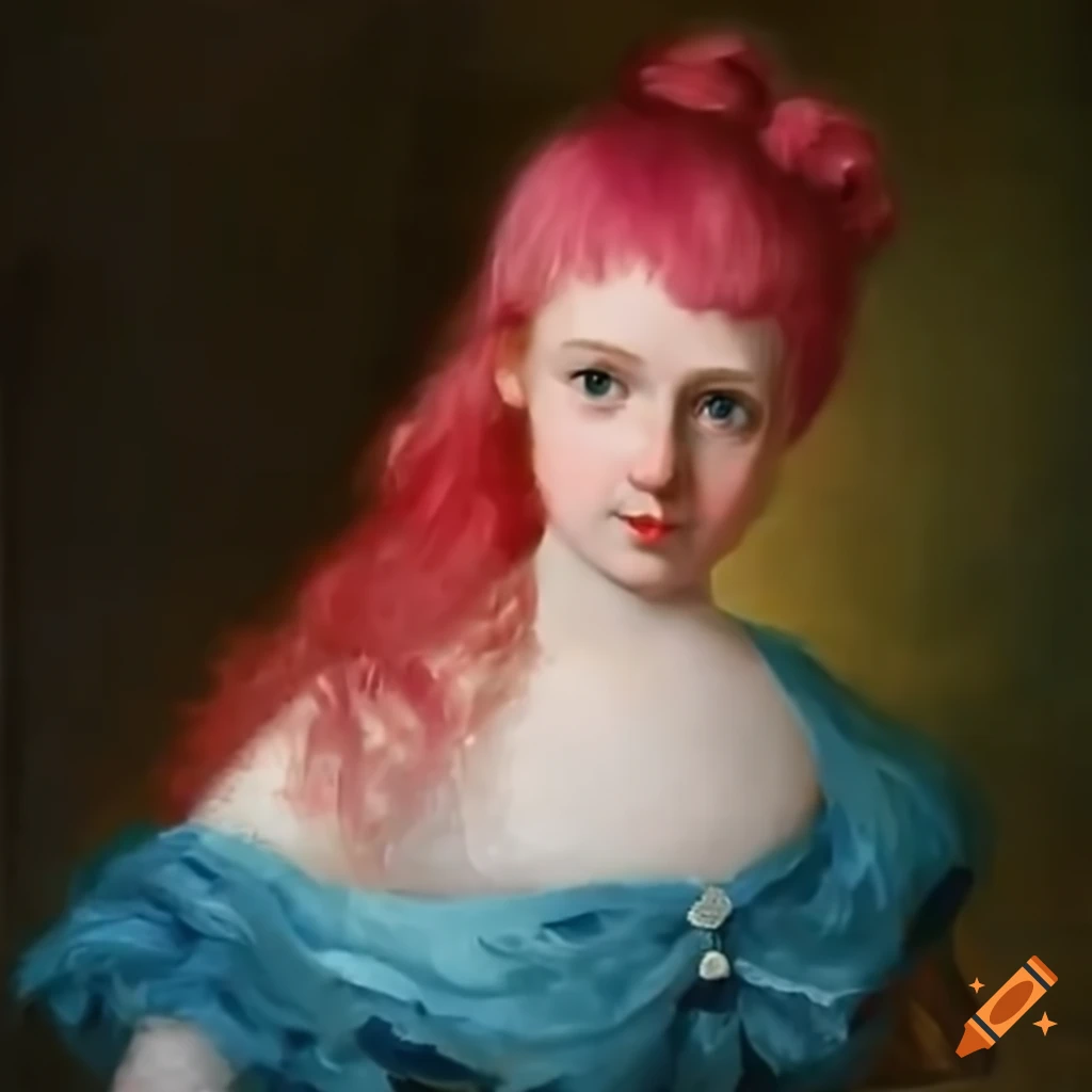 Young princess with pink hair in blue dress anticipating the arrival of precious cargo