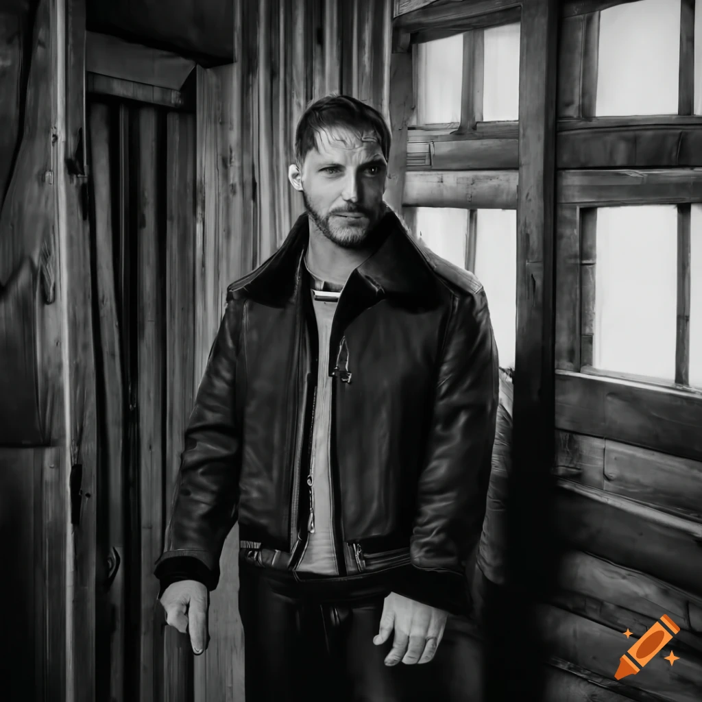 Young man in sheepskin bomber jacket and leather trousers standing in barn doorway